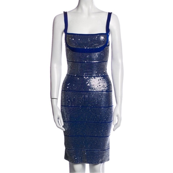 Herve Leger Sequin Bandage Katherine Blue Rayon Dress / Size Small - Picture 2 of 9